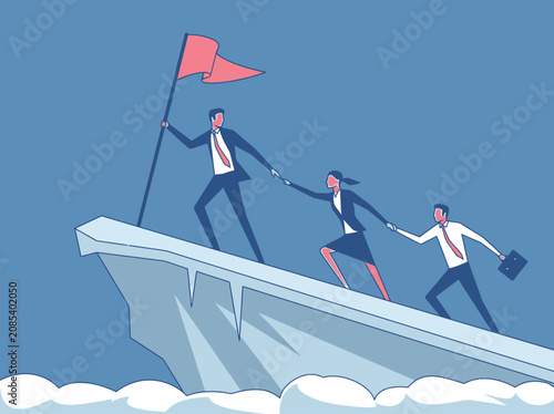 United business team exhibiting strong leadership and collaborative effort to conquer a steep challenge, successfully reaching the peak with a red flag of triumph and shared achievement