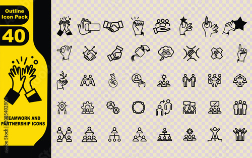 teamwork and partnership, brainstorming, handshake agreements, and leadership hierarchies icons