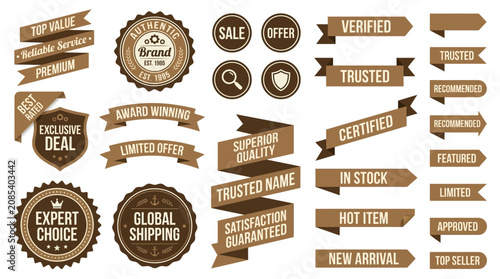 A comprehensive collection of promotional brown vector badges, labels, and ribbons for e-commerce marketing, offering quality assurance and exclusive deal concepts with vintage aesthetics