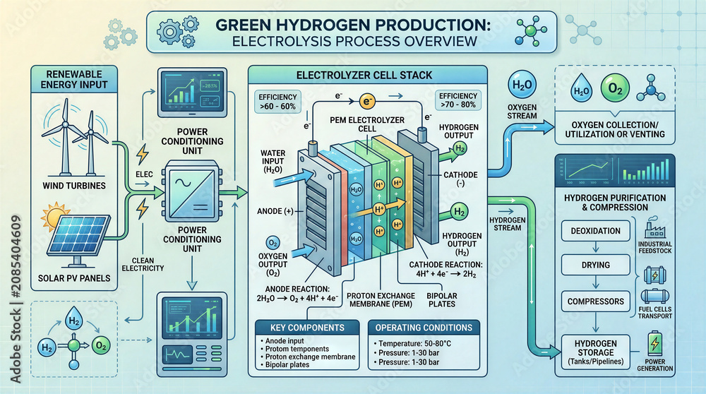Naklejka premium Diagram shows green hydrogen production process using electrolysis with energy input from wind turbines and solar panels