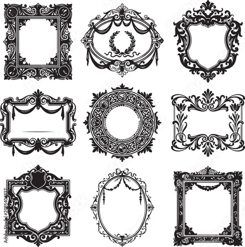 Vintage ornate picture frames set, 9 black baroque border vectors, antique filigree decorative elements for luxury wedding invitations and certificates