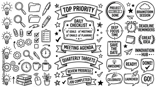 Hand-drawn vector doodle icons for business productivity, strategic planning, and goal achievement. Essential for organization, creative ideas, and time management