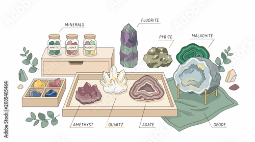 Fotografie Assorted Crystals Minerals and Gemstones Collection Display.