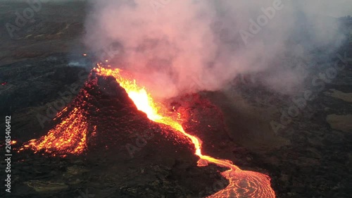 Extreme Close Up Aerial View of Erupting Iceland Volcano Crater with Lava Fountain and Flying Sparks