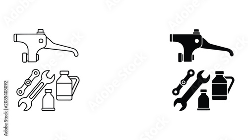 Premium Brake lever with tools and fluids in black and white vector flat design Vector Icon Isolated on White Background