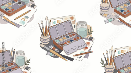 Colorful watercolor painting supplies and art tools illustration.