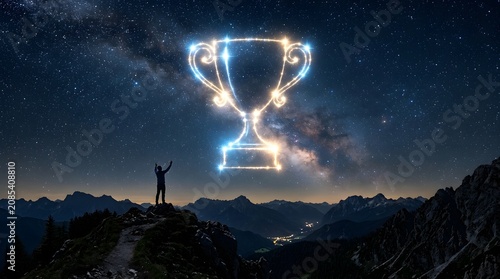 Glowing Trophy in the Night Sky Symbolizing Success and Achievement