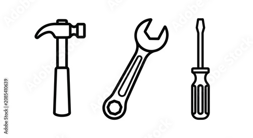 Bild auf Leinwand Hammer wrench and screwdriver line icons on a white background