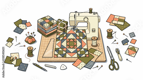 Konstfotografi Colorful sewing supplies and quilt on wooden table.