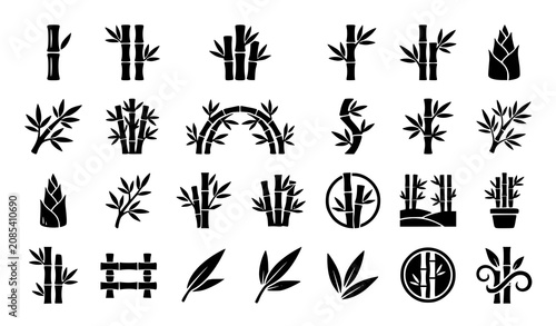 Konstfotografi Bamboo Plant Nature and Garden Silhouette Icons Collection with Leaves Stems For