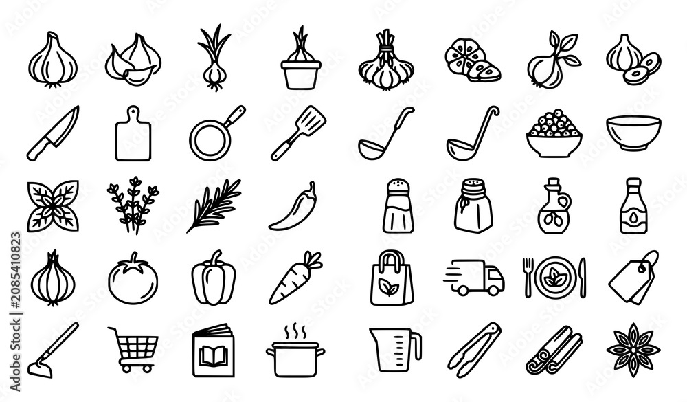 Fototapeta premium Cooking Ingredients and Kitchen Tools Outline Icons Set with Vegetables Spices Utensils and Food Preparation