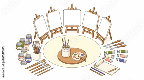 Art studio setup with easels and painting supplies.