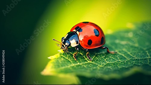A Single Red Ladybug Resting On A Vibrant Green Leaf In A Natural Outdoor Garden Environment During A Sunny Day Close Up Nature Macro Perspective