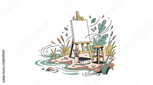 Foto Artist easel and stool by pond with water lilies.