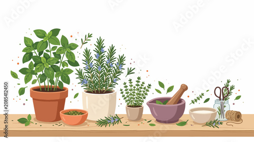 Foto Fresh herbs in pots with mortar and pestle.