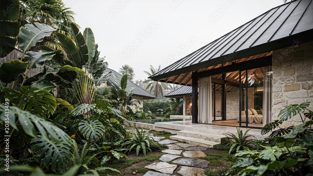 Fototapeta premium Bungalow features a contemporary metal roof and floor-to-ceiling glass doors opening onto a lush tropical garden path.