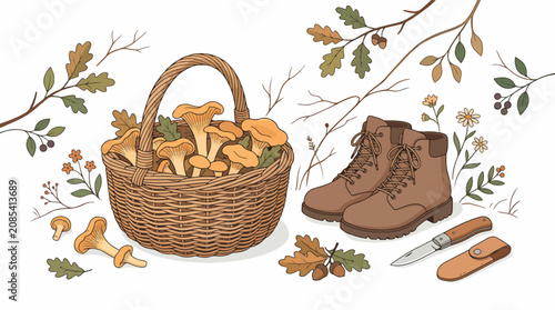 Foto Autumn foraging illustration with mushrooms and hiking gear 2.