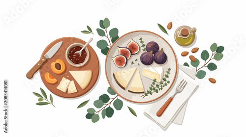 Canvastavla Flat lay of cheese platter with fruits and herbs.