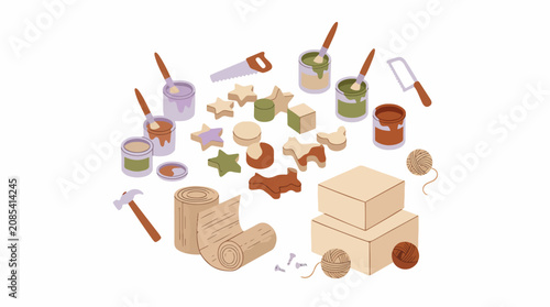 Assorted Art Supplies and Tools Flat Lay Illustration.