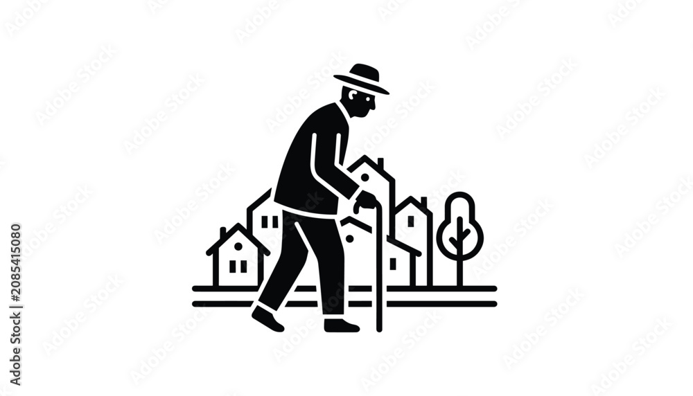 Naklejka premium Silhouette graphic showing an elderly man walking with a wooden cane through a residential neighborhood with simple houses behind.