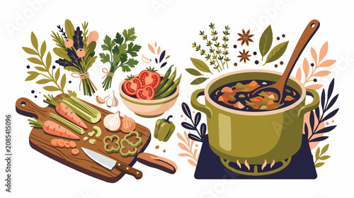 Quadro em tela Fresh Vegetables and Hearty Stew Illustration.