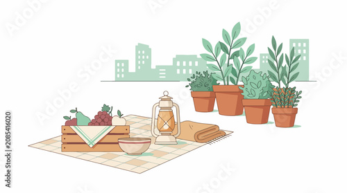 Fresh picnic spread with potted plants and city skyline.