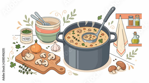 Homemade mushroom soup in a pot with ingredients.