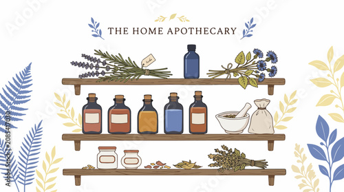 Tableau sur toile Illustrated Home Apothecary with Herbal Bottles and Plants.