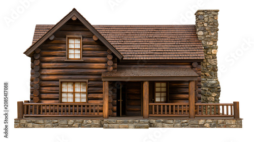 Rustic log cabin with stone chimney and wooden porch