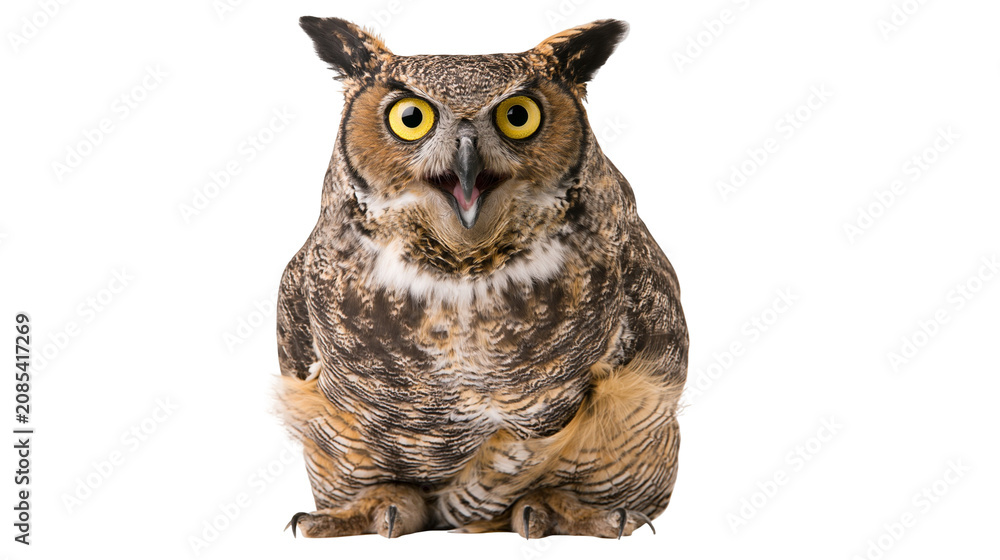 Obraz premium Great Horned Owl with open beak and yellow eyes