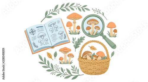 Fotografie Mushroom foraging guide with basket and magnifying glass illustration