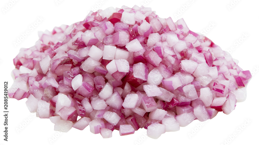 Obraz premium Diced red onions small cubes, pink and white layers