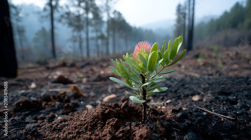 new pine seedling growing among burnt trees representing nature regeneration and environmental 