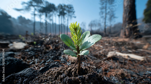 new pine seedling growing among burnt trees representing nature regeneration and environmental 
