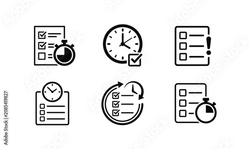 Time management checklist stopwatch document plan icons vector set.
