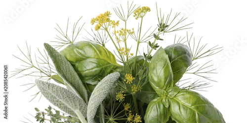Fresh culinary herbs bouquet and basil, sage, dill flowers, thyme isolated on white background. Studio food photo.