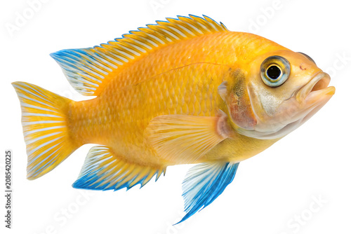 An Yellow cichlid fish profile, vibrant blue tipped fins, white background, high definition stock photo.