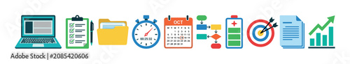 Business productivity planning management icons illustrating workflow, data analysis, and goal achievement for modern digital work processes.