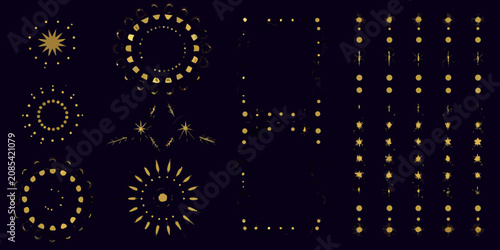 Fotografía Moon Phases And Starbursts Golden Vector Illustration On Black Background
