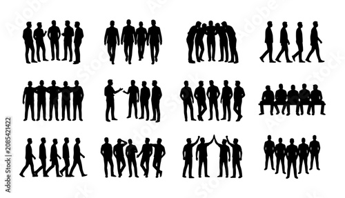 Diverse Silhouettes of People Groups, Business Teamwork, Social Interaction, and Casual Gatherings. Vector Collection of Human Figures in Various Poses and Formations.
