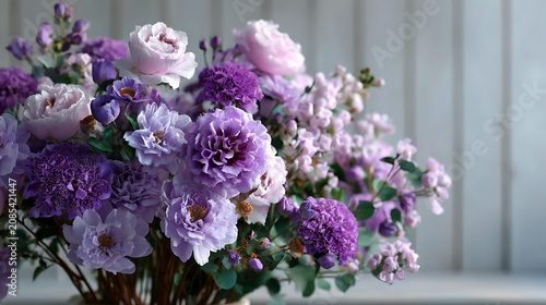 gorgeous bouquet of mixed purple flowers in a vase near a window for floral design and interior decor use