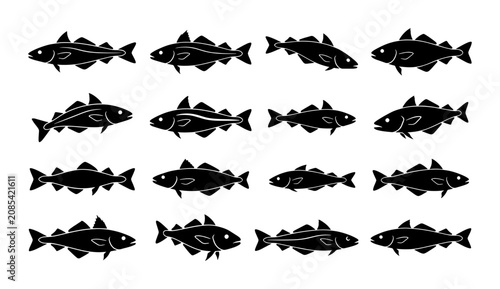 Bilde på lerret Cod Fish Vector Icons Set, Seafood Marine Animal Silhouettes, Aquatic Life Colle