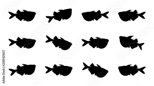 Cuadro en lienzo Twelve Black Fish Silhouettes, Aquatic Life Vector Icons, Marine Wildlife Graphi