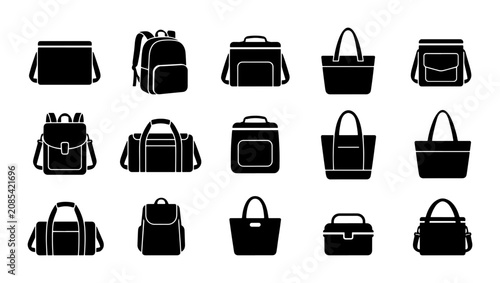 Foto Vector Icon Set: Diverse Bag Silhouettes for Fashion, Travel, and Business Appli
