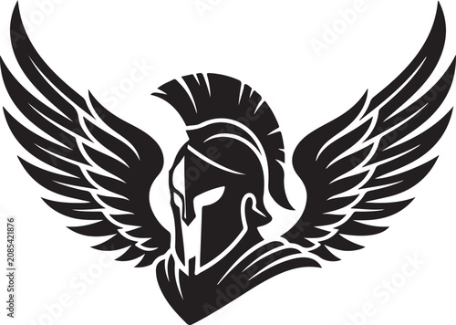 Black spartan warrior helmet with wings graphic design