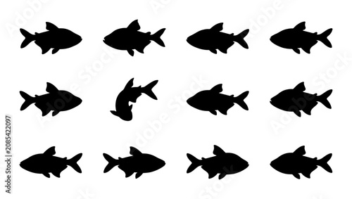 Canvas Print Vector Set of 12 Black Fish Silhouettes, One Different, Aquatic Life, Marine Ani