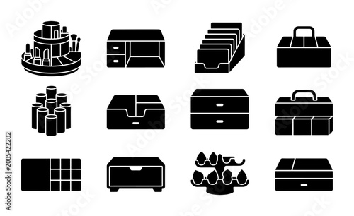 Foto Vector Icons Set: Desk Organizers, Storage Solutions, Makeup Caddy, Toolboxes, D