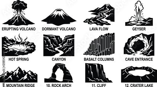 Tableau sur toile Volcanoes and Geological Formations Black Silhouette Vector Icons Set