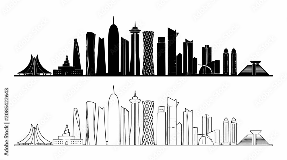 Obraz premium Doha City Skyline Silhouette and Outline Vector Illustration