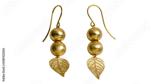 Fényképezés Gold Dangle Earrings with Spheres and Leaf Charms